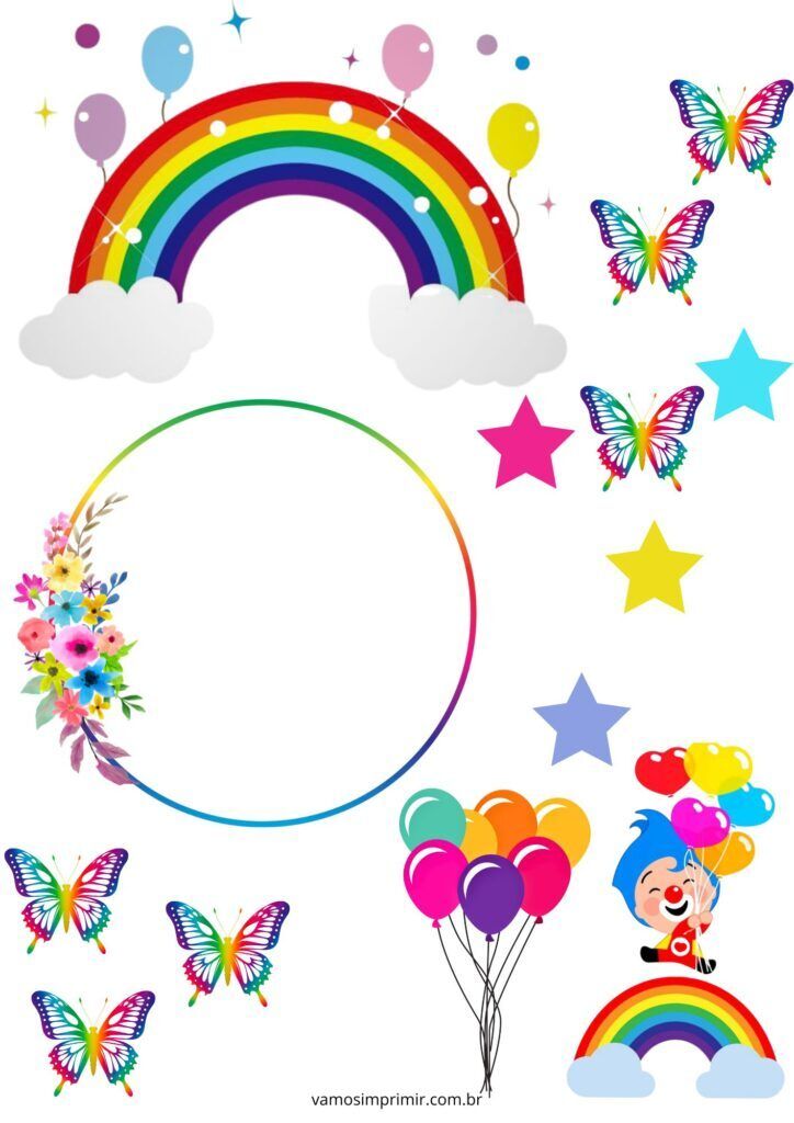 Topo de Bolo Colorido para Imprimir com Arco-Íris e Nuvens