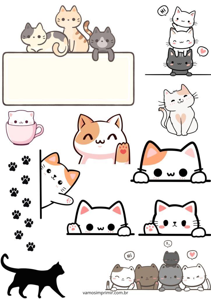 Topo de Bolo de Gatos Fofos para Imprimir e Decorar