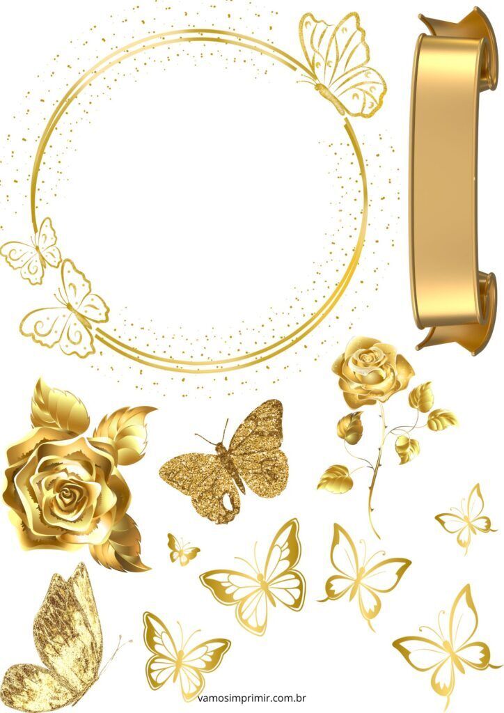 Topo de Bolo Dourado com Borboletas e Rosas para Imprimir
