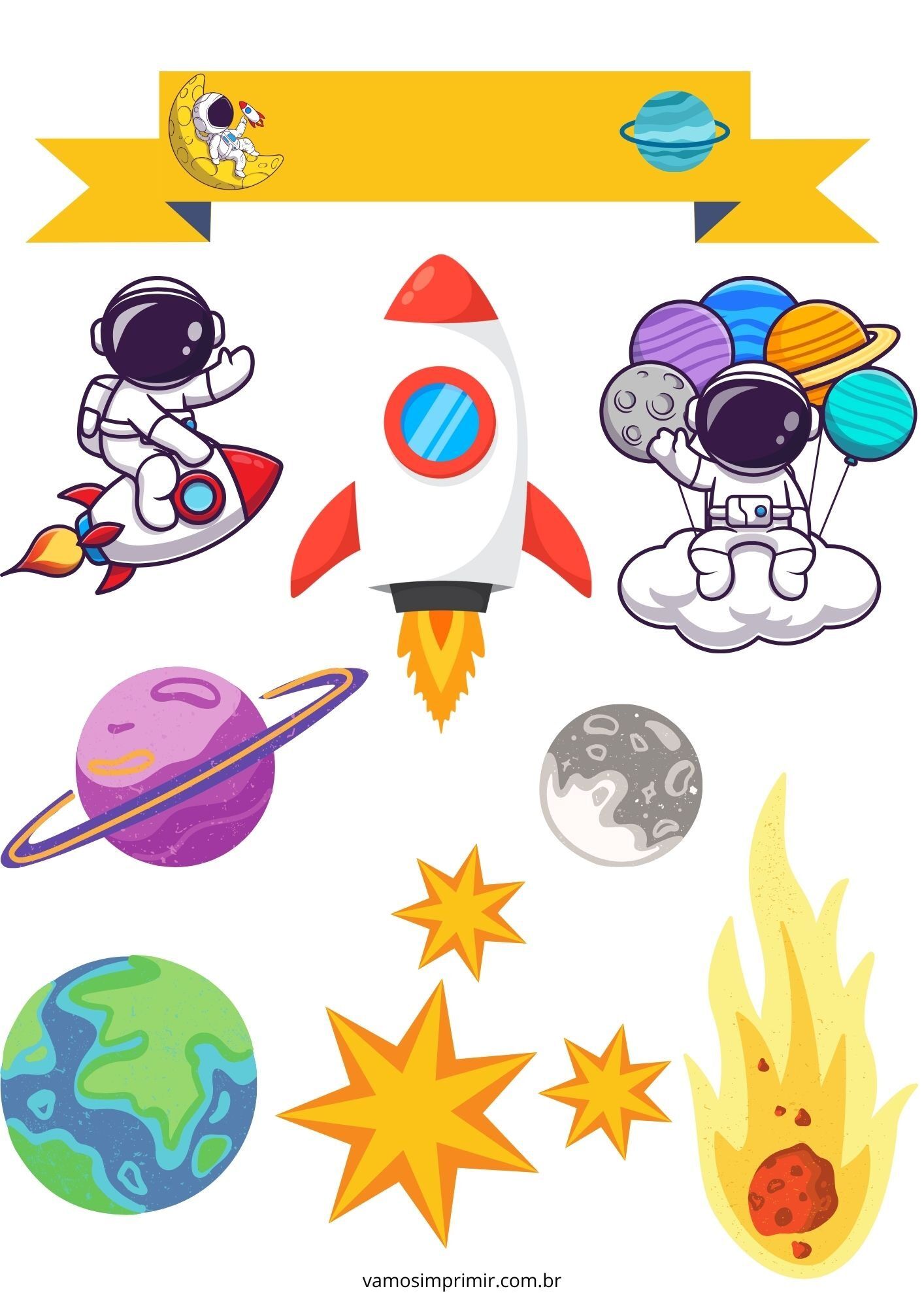 Topo de Bolo Espacial para Imprimir - Astronauta e Planetas