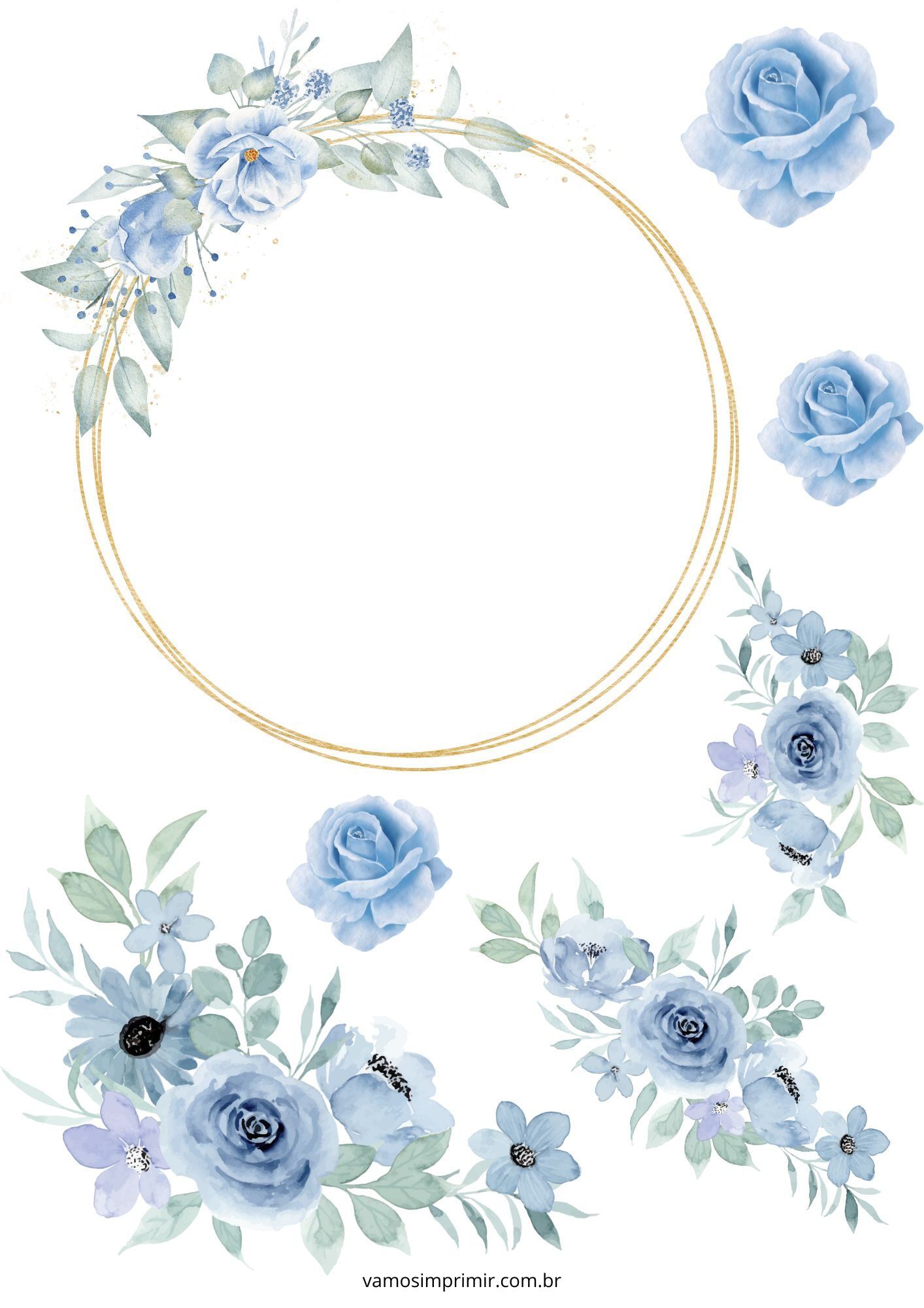 Topo de Bolo Floral Azul e Verde para Imprimir