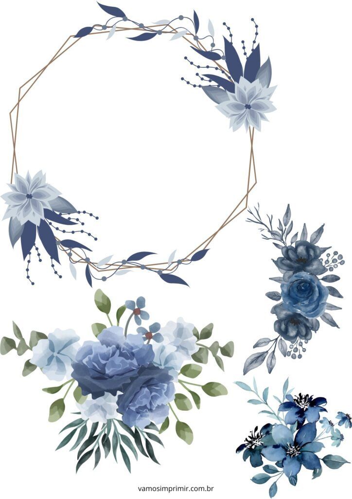Topo de Bolo Floral Azul para Imprimir e Decorar Festas