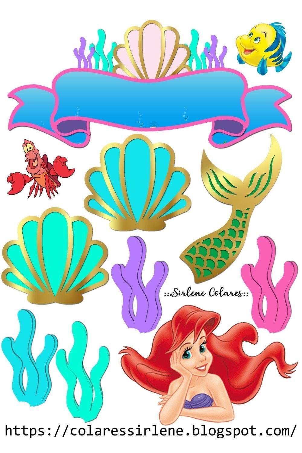 Topo de Bolo Marinho para Imprimir com Sereia e Conchas