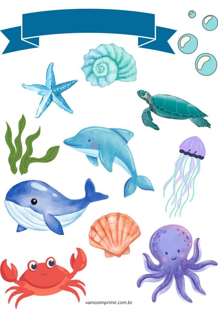 Topo de Bolo para imprimir com Animais Marinhos