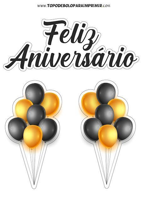 Topo de Bolo para Imprimir com Balões Pretos e Dourados