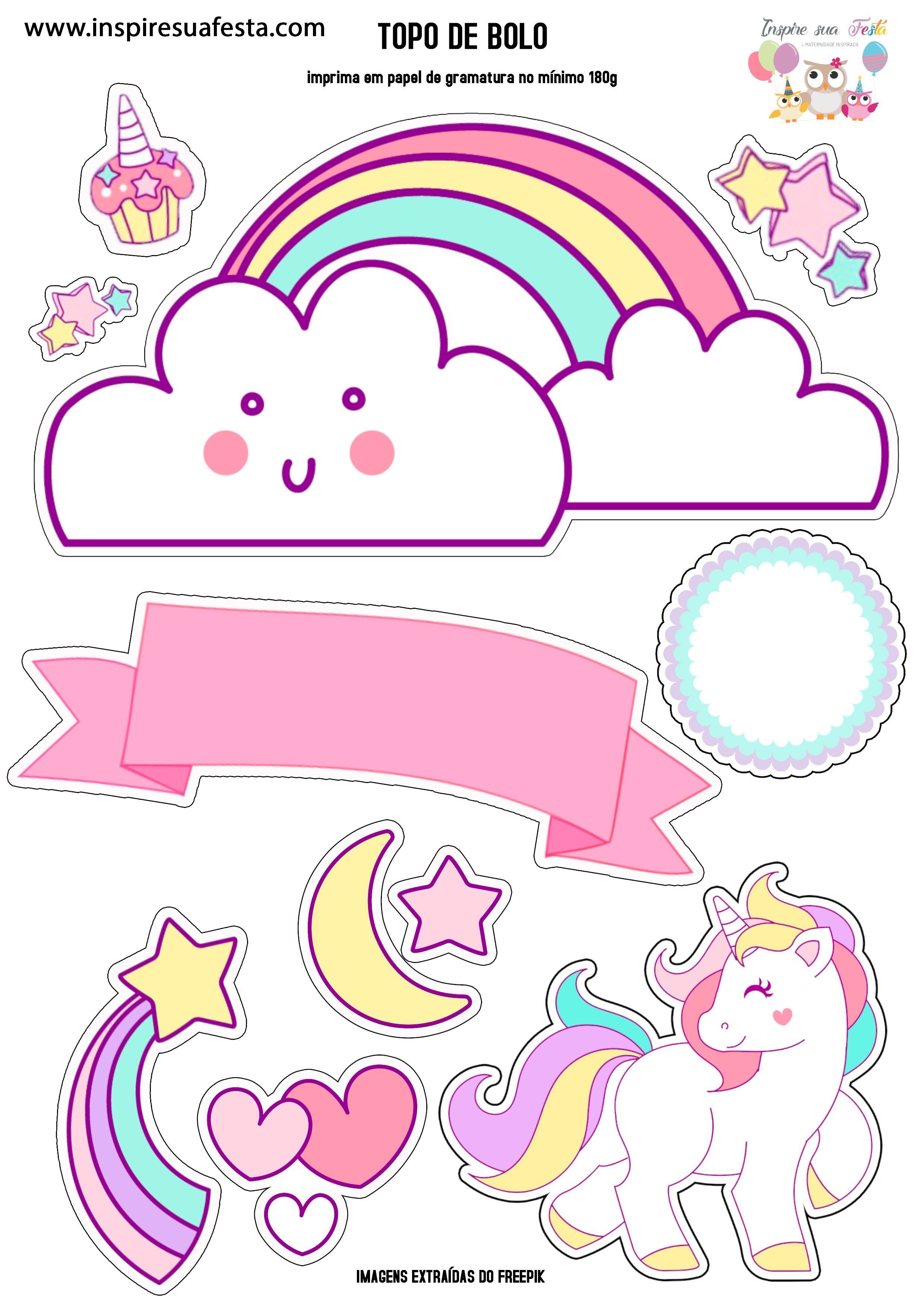 Topo de Bolo para Imprimir com Tema de Unicórnio e Arco-Íris