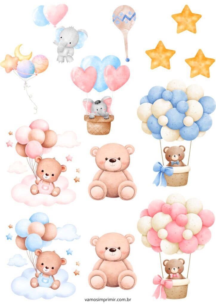 Topo de Bolo para Imprimir com Ursos e Elefantes Fofos