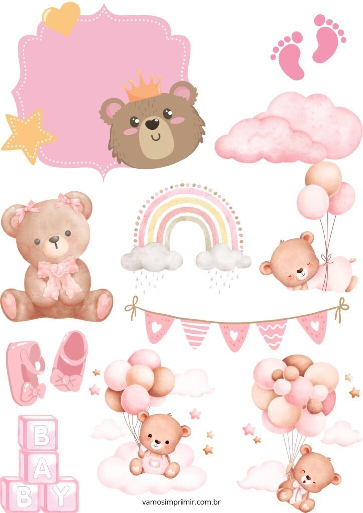 Topo de Bolo para Imprimir com Ursos e Nuvens Rosa e Bege