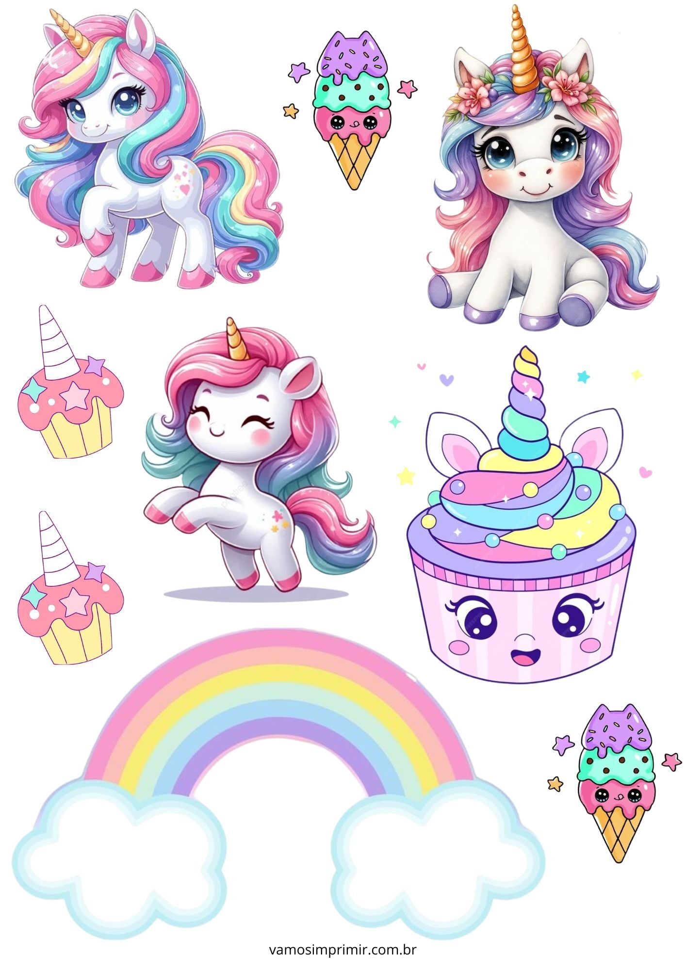 Topo de Bolo para Imprimir de Unicórnios Coloridos