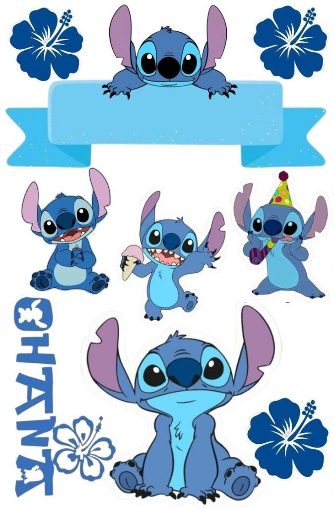 Topo de Bolo para Imprimir do Stitch com Hibisco Azul
