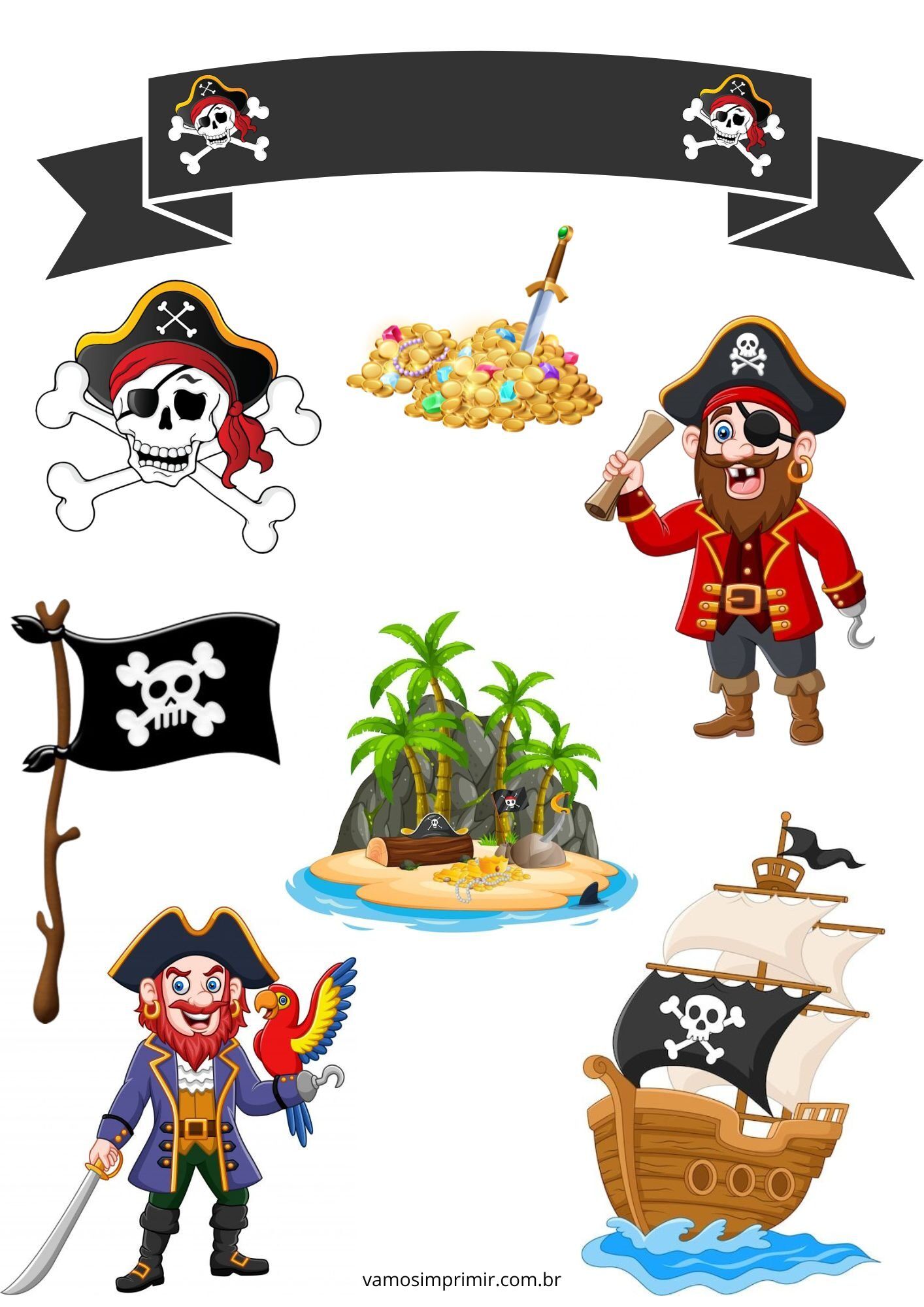 Topo de Bolo Pirata para Imprimir e Decorar Festas