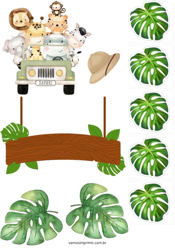 Topo de Bolo Safari para Imprimir com Animais e Jipe