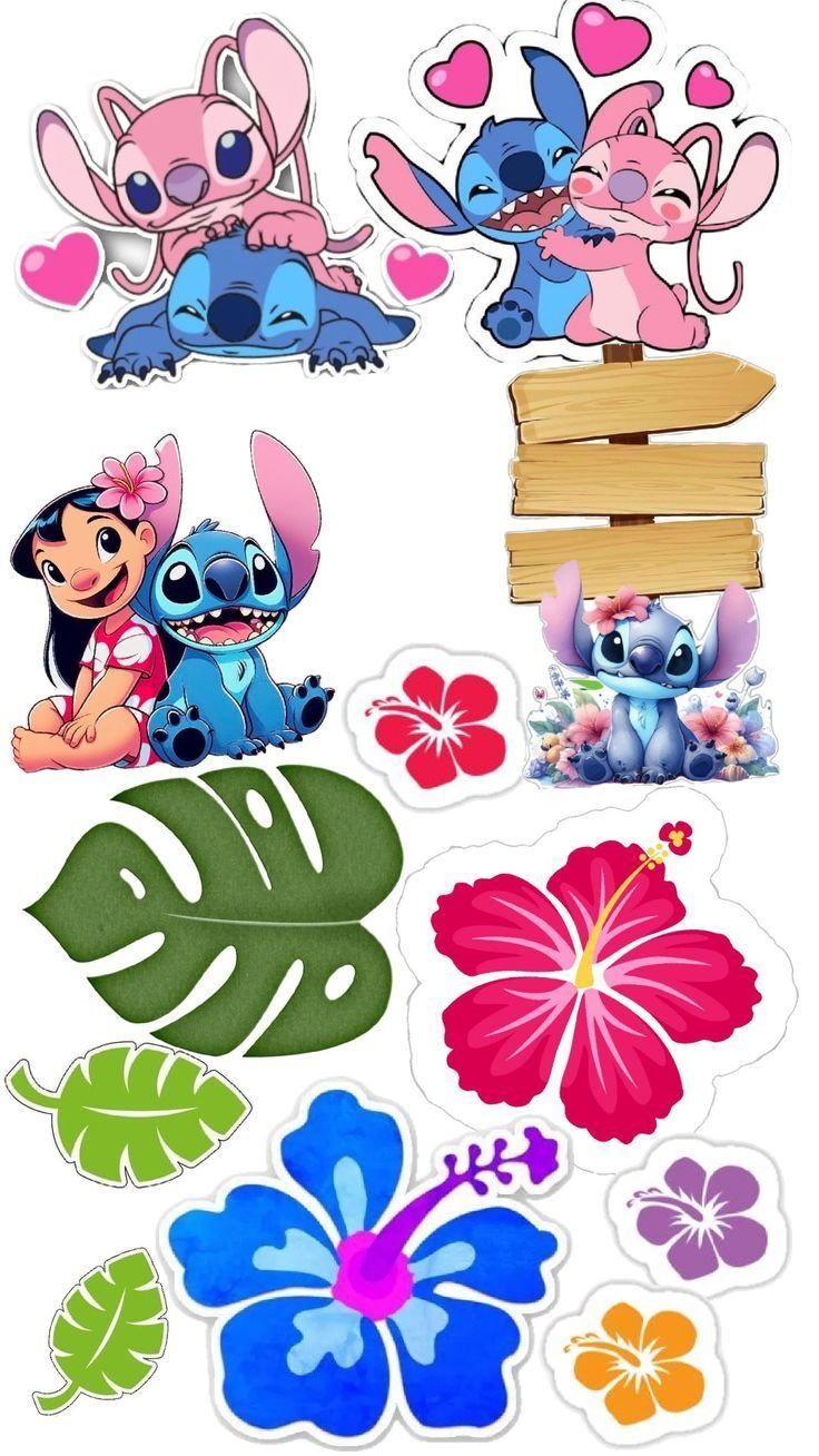 Topo de Bolo Stitch colorido com flores tropicais