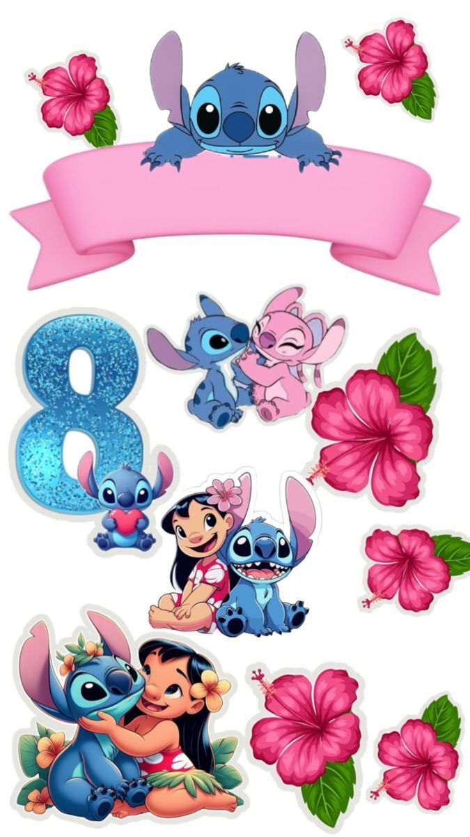 Topo de Bolo Stitch com flores e número 8 para imprimir