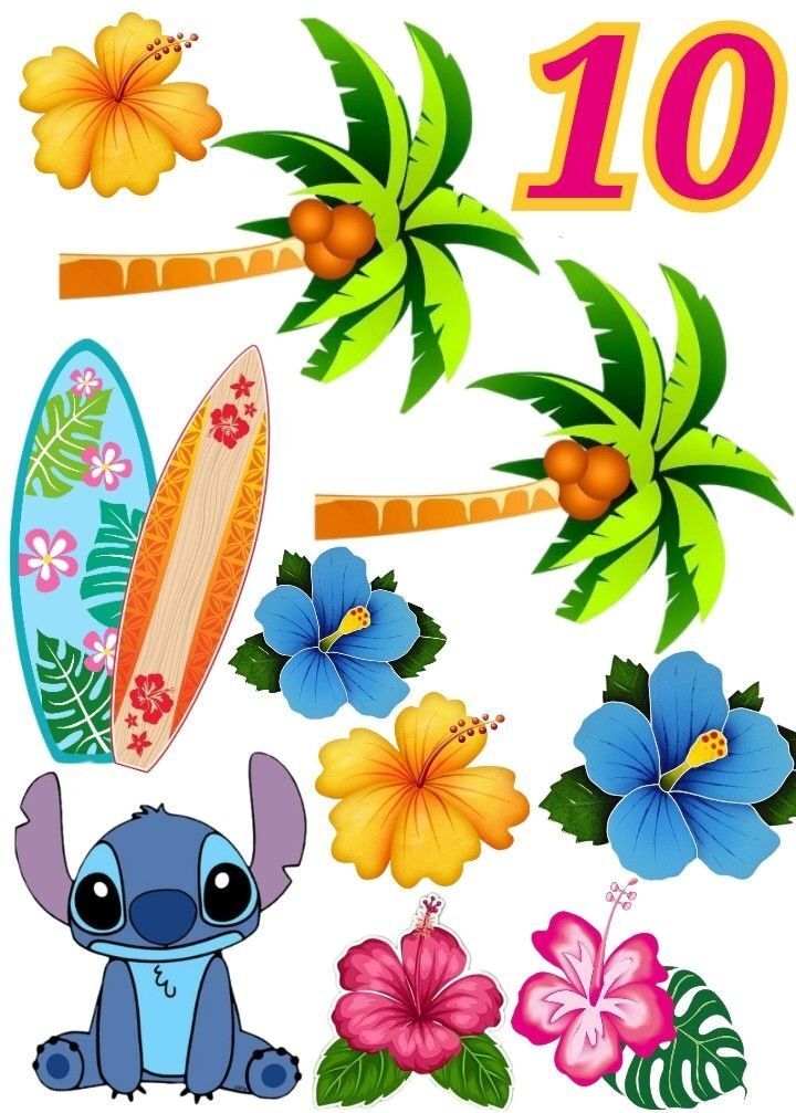 Topo de Bolo Stitch e Decoração Tropical para Imprimir