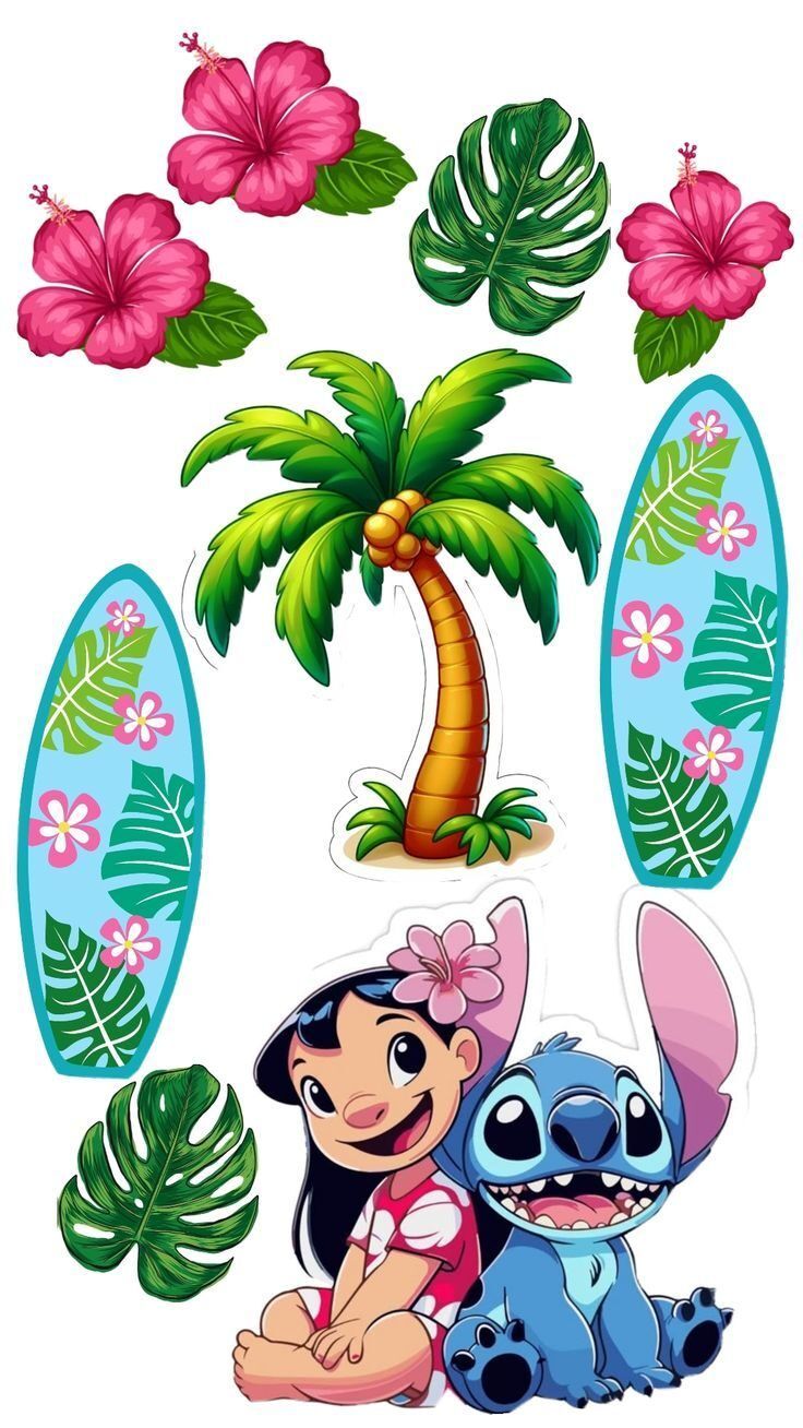 Topo de Bolo Stitch para imprimir com a Lilo e natureza