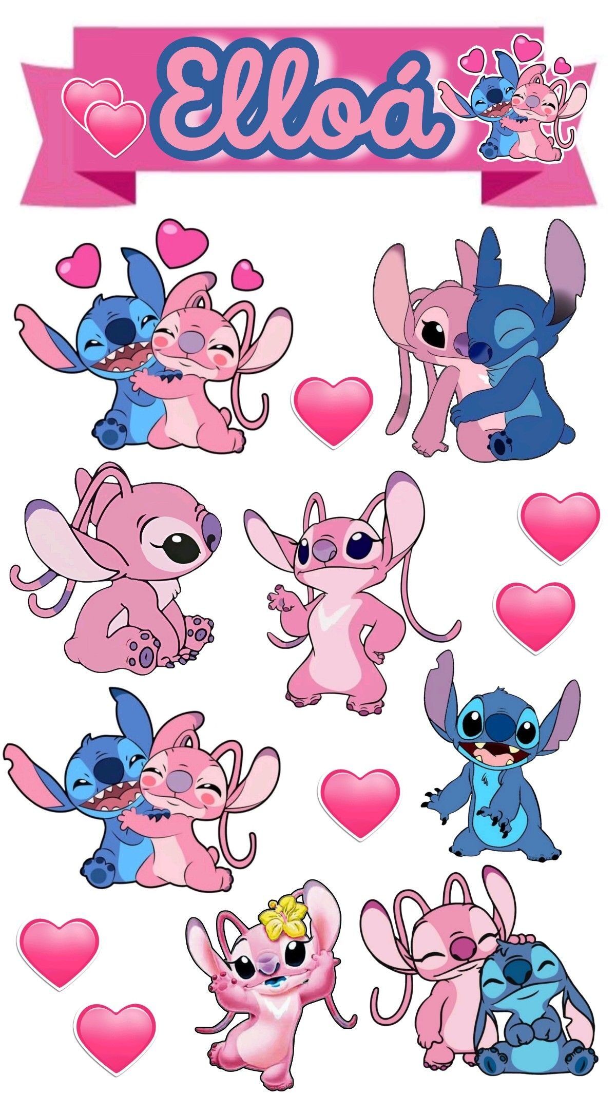Topo de Bolo Stitch para imprimir com Elloá e corações