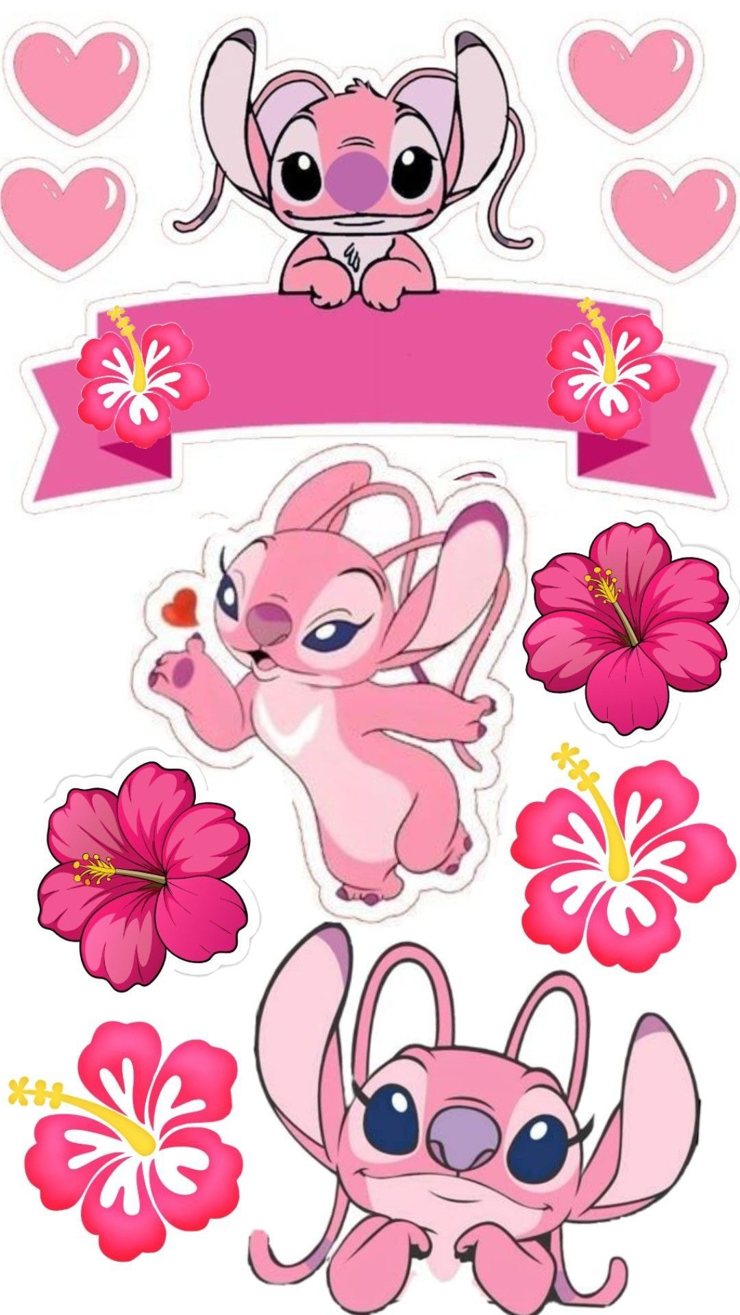 Topo de Bolo Stitch Rosa com Flores e Corações